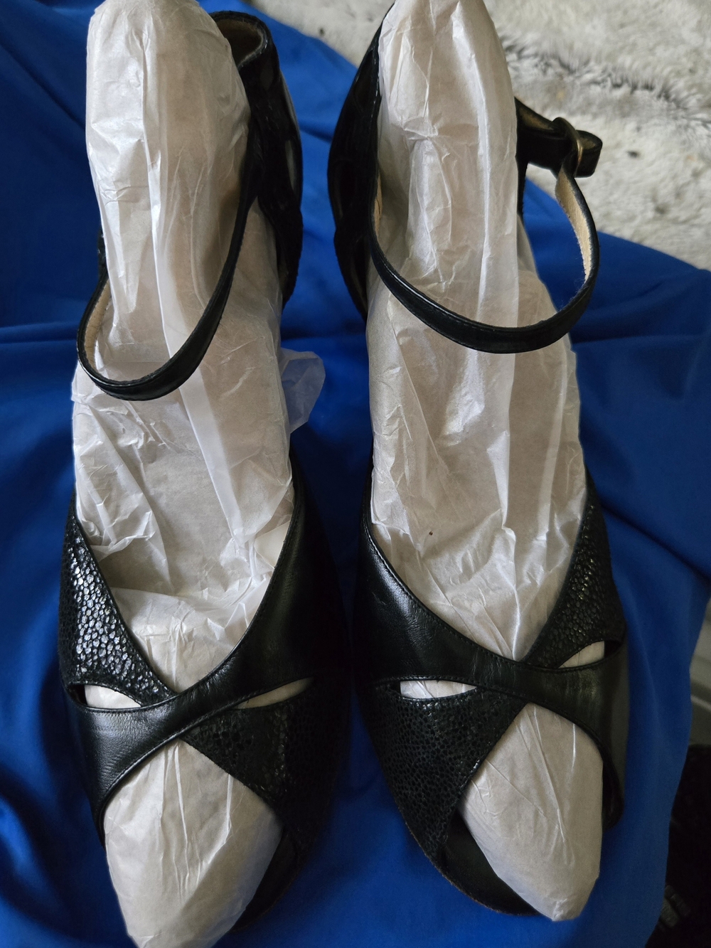Women’s Black Leather Peep-Toe Ankle-Strap Heels